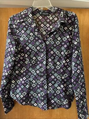 New York & Company Diamond Print Button-Up Blouse - Purple, Black & Gray